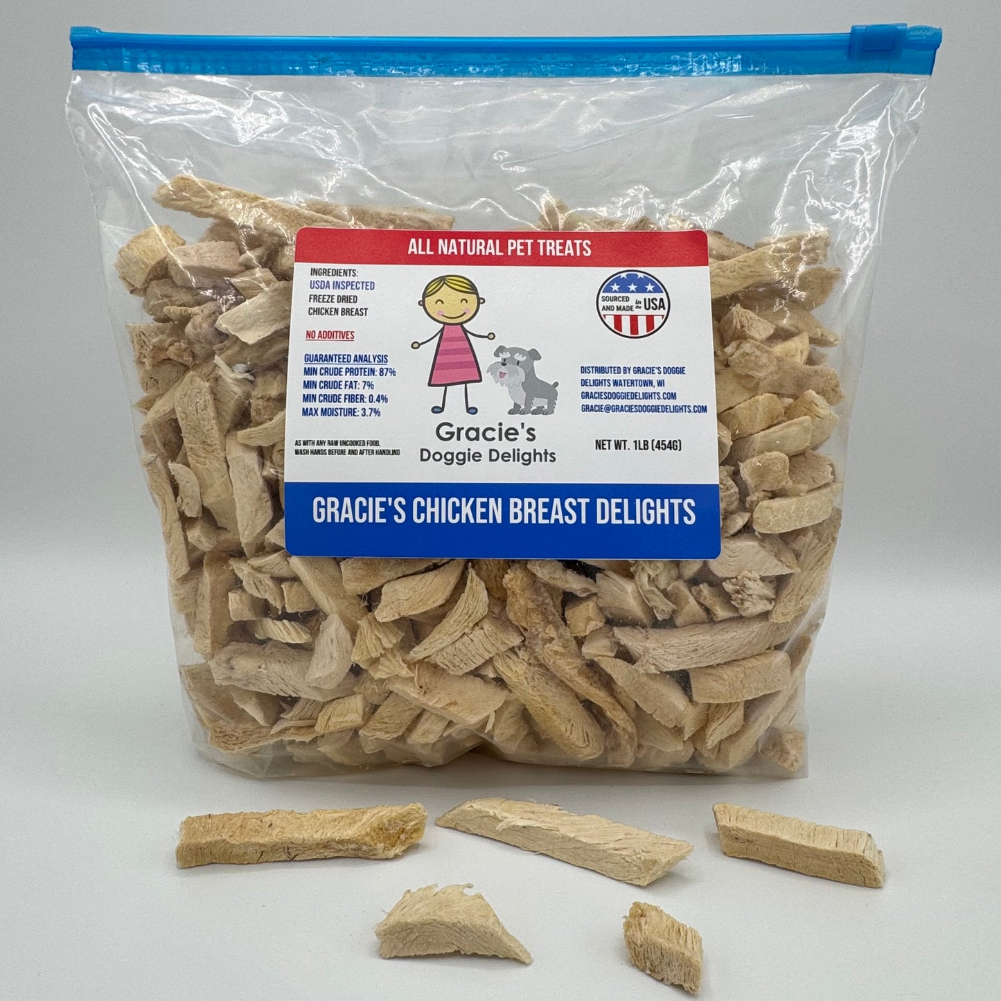 Packaged dog treats with a label on a white background.. Gracie's Doggie Delights Chicken Breast