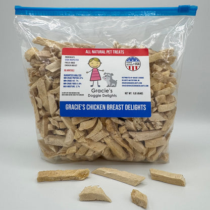 Packaged dog treats with a label on a white background.. Gracie's Doggie Delights Chicken Breast