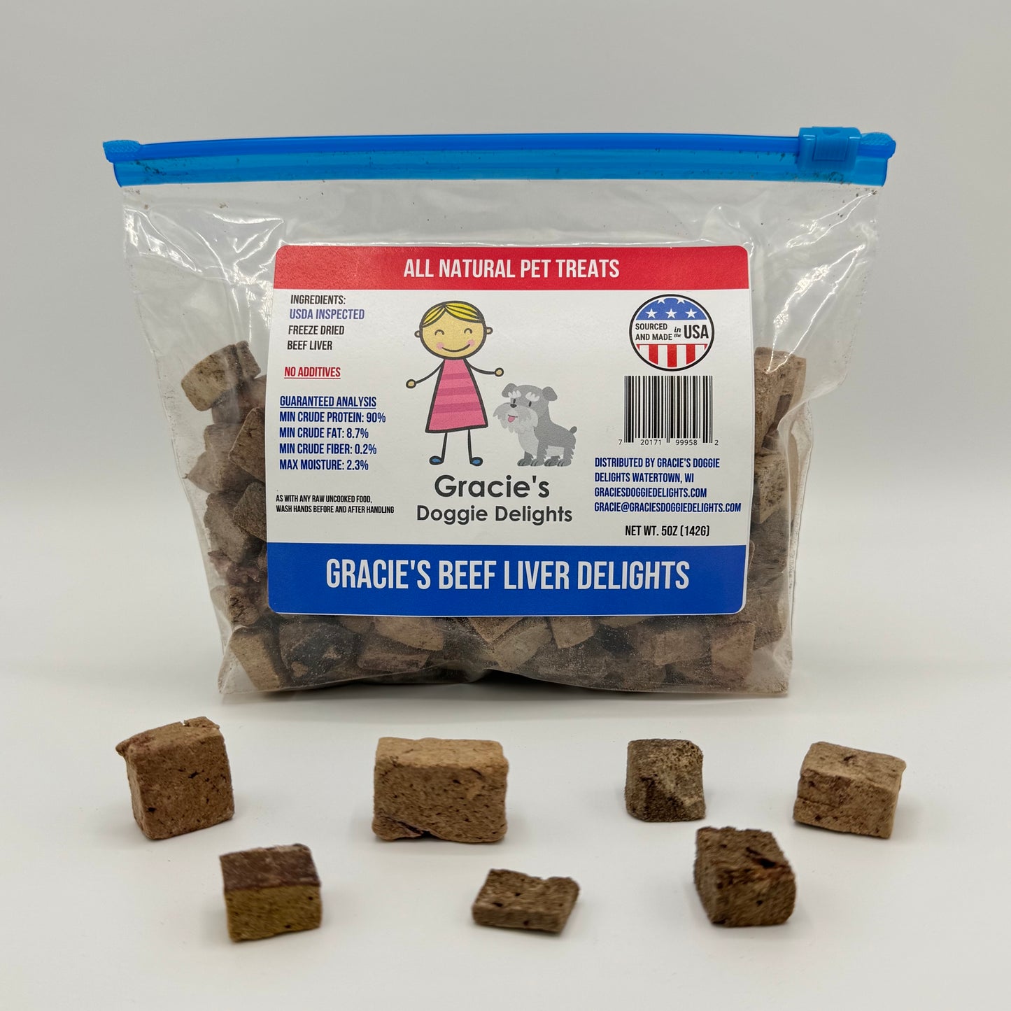 Bag of Gracie's Doggie Beef Liver Delights  treats on a white background
