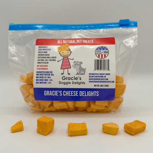 Gracie’s Cheese Delights 8oz bag. Healthy snack for dogs 