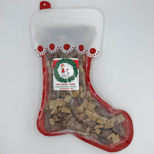 Gracie's Doggie Delights Christmas Stocking packed full of Freeze Dried Beef  Liver and Freeze Dried Chickekn Hearts
